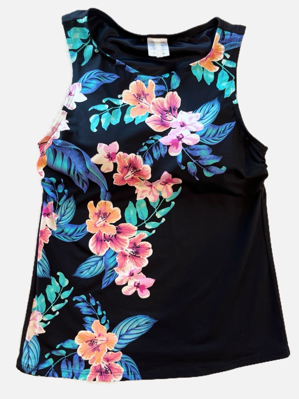 Lands' End Women’s Swimsuit Bathing Suit Tankini Top Pink Flowers High Neck 6